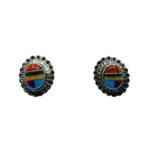 Vintage Quoc Turquoise Q.T. Sterling Silver 925 Multi Stone Inlay Stud Earrings